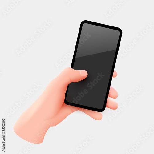 Hand holding smartphone and touching screen. Mockup.