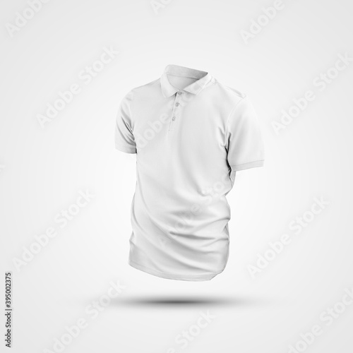 White mens polo template with buttons and collar, 3D rendering, isolated on background, front view.
