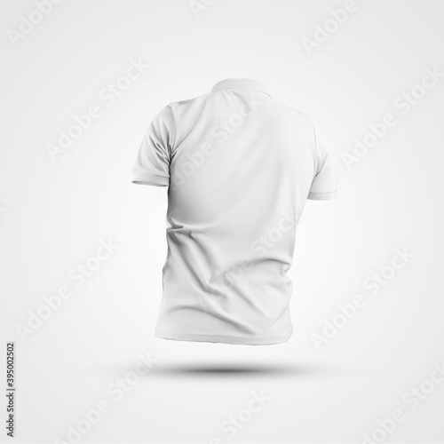 Mockup of stylish blank white polo 3D rendering, mens t-shirt with collar, isolated on background, back view.