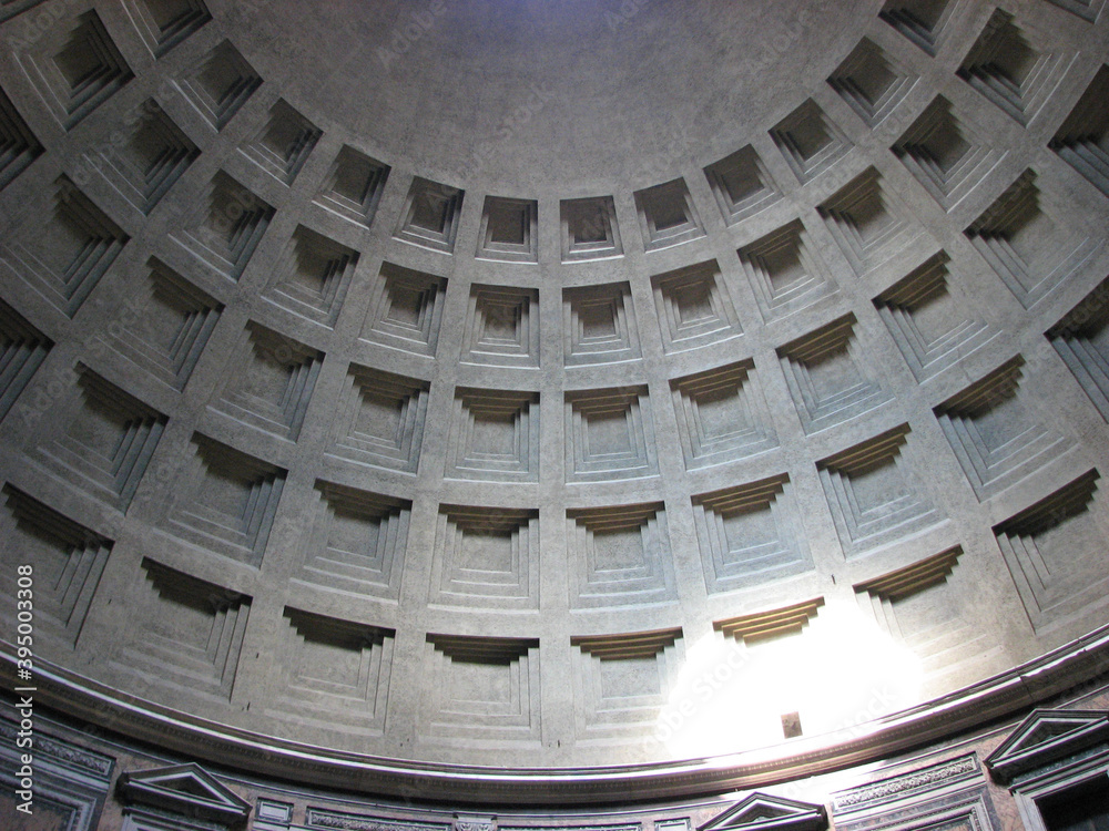 Rome, Italy - The ceiling of The Pantheon, the best-preserved building from ancient Rome.  It was completed in c. 125 CE in the reign of Hadrian.  Image has copy space.
