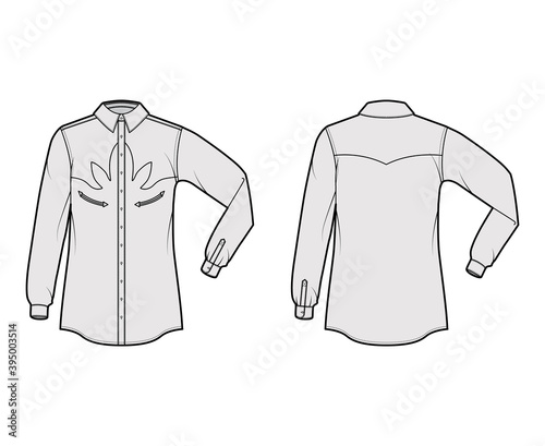 Shirt western technical fashion illustration with elbow fold long sleeves, reinforced pockets, relax fit, yokes, button-down, collar. Flat template front, back grey color. Women men top CAD mockup