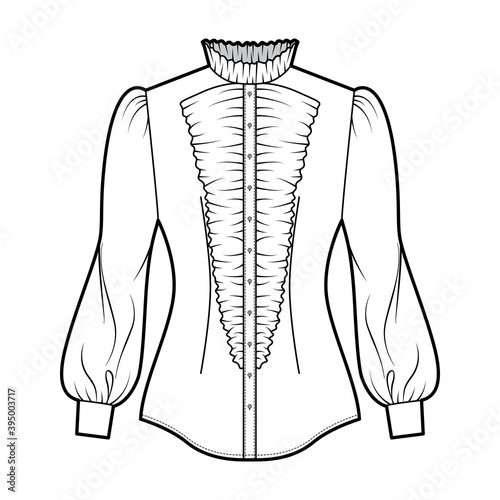 Shirt habit technical fashion illustration with long puff sleeves, jabot, slim fit, frilled collar, button-down, vintage. Flat template front, white color. Women men top CAD mockup