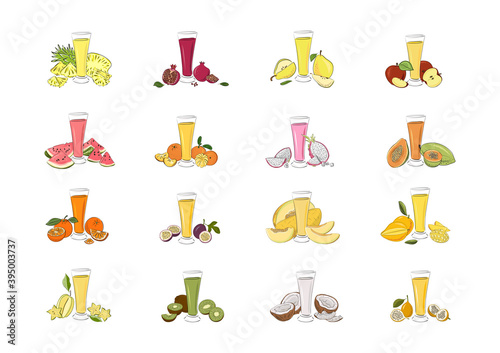 Glass with cocktail juice, smoothies and fruits on a white background. Coconut, citrus, pear pineapple, watermelon, kiwi, pitaya, passion fruit. Tropical. Detox.Diet hand drawn vector illustration