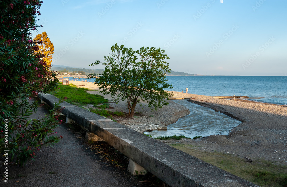 Fototapeta premium Sidewalk by the sea, magnolias are blooming. Blue sea and sky, sunny pebble beach with rare vacationers. The fast river flows into the sea. New Athos, Abkhazia.