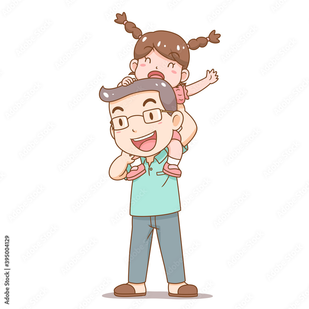 Cartoon illustration of Father's Day. Father carrying Daughter on his shoulders.