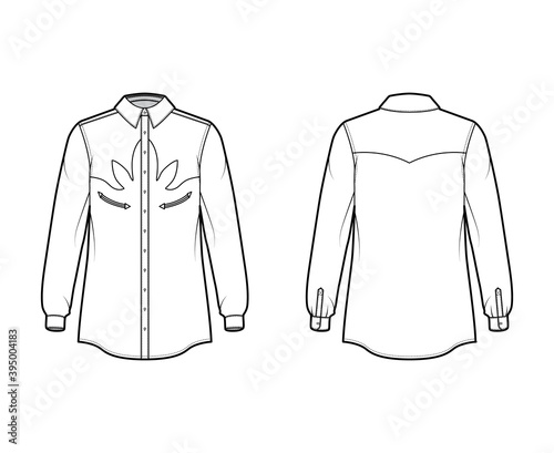 Shirt western technical fashion illustration with long sleeves, reinforced pockets, relax fit, yokes, button-down, regular collar. Flat template front back white color. Women men unisex top CAD mockup