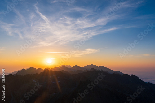 Sunrise in High Tatras mountains national park in Slovakia. Scenic image of mountains. The sunrise over Carpathian mountains