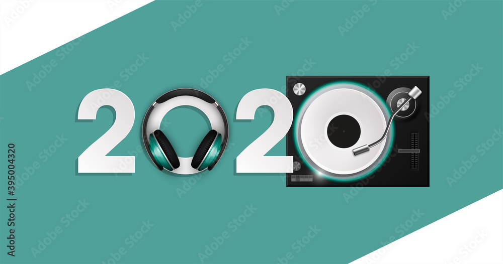 Happy New Year 2020 party DJ's music panel background. Greeting card  headphone DJ player headphone 2020 flyer. Headset DJ equipment date 2020  year. Celebrate earphones dancing disco brochure Stock Illustration | Adobe  Stock