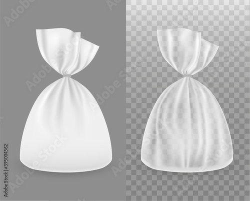 Transparent and white plastic bag. Realistic product package set. Mockup. clear bag. Vector 3d realistic. Packaging for bread, gifts, sweets, cookies, pasta, cereals, coffee. Wrapper. blank template.