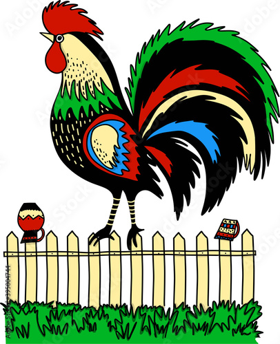 A cute colorful farm rooster stands on a wooden fence with jugs. Cartoon vector illustration. Isolated. Template, blank for card, printing, coloring, advertising, posts, promotions, etc.