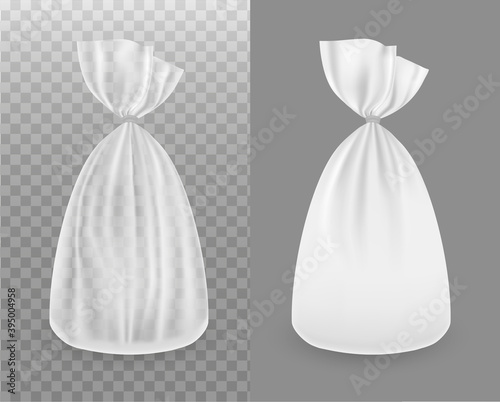 Realistic product package set. Mockup. Transparent and white clear bag. Vector 3d realistic. Packaging for bread, gifts, sweets, cookies, pasta, cereals, coffee. Wrapper. blank template. long. EPS10.