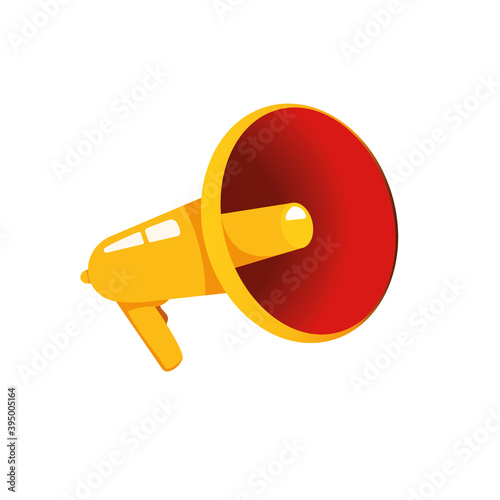 Vector vintage poster with yellow and red retro megaphone. Megaphone on a white background. Advertising, promotion. Vector illustration