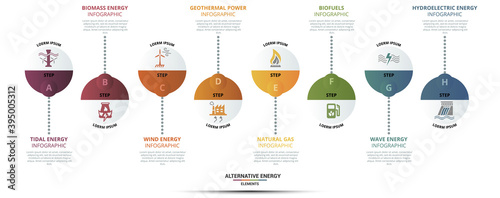 Infographic Alternative Energy template. Icons in different colors. Include Tidal Energy, Biomass Energy, Wind Energy, Geothermal Power and others.