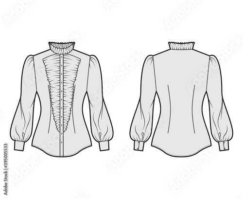 Shirt habit technical fashion illustration with long puff sleeves, jabot, slim fit, frilled collar, button-down, vintage. Flat template front, back grey color. Women men top CAD mockup