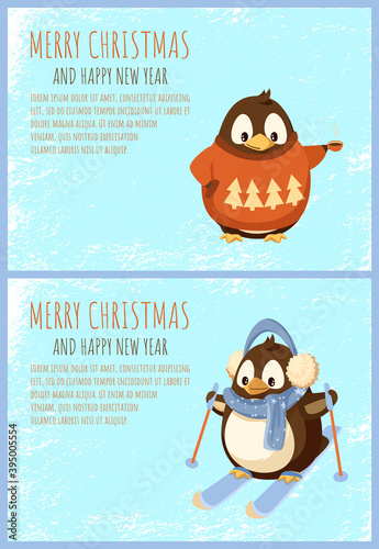Penguin on skis and in sweater, Christmas holiday. bird in earmuffs and scarf, animal with coffee or tea cup, winter sport and hot beverage vector