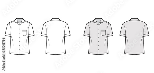 Shirt camp technical fashion illustration with short sleeves, angled patch pocket, relax fit, button-down, open collar. Flat template front, back white grey color. Women men unisex top CAD mockup