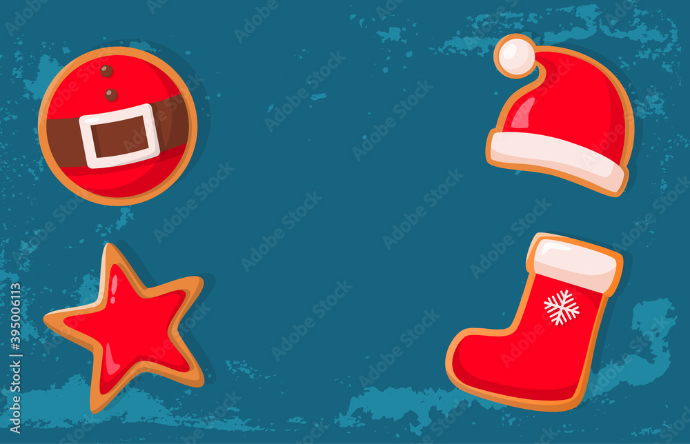 Naklejka premium Merry Christmas banner, gingerbread cookies in shape of Santa hat and belt, star and Xmas sock. Winter holiday crispy treat, homemade dessert vector