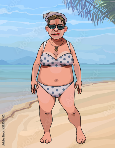 cartoon elderly woman in a swimsuit standing on a tropical beach