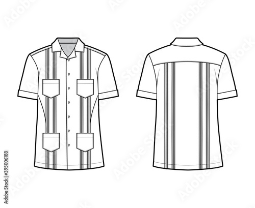 Shirt guayabera technical fashion illustration with short sleeves, pintucked, patch pockets, relax fit, yoke, button-down, open collar. Flat template front, back white color. Women men top CAD mockup
