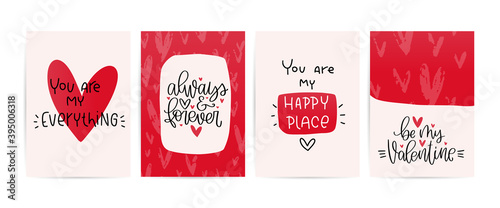 Valentines day pink , gold and dark red greeting card set with modern calligraphy love messages. Vertical, horizontal and square card designs with large hearts and abstract shapes background.
