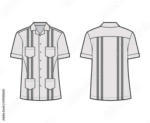 Shirt guayabera technical fashion illustration with short sleeves, pintucked, patch pockets, relax fit, yoke, button-down, open collar. Flat template front, back grey color. Women men top CAD mockup