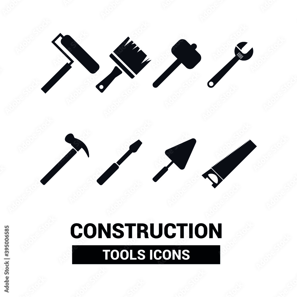 Vector image. Collection of different construction tools. Black solid icons. Vector image. Collection of different construction tools. Black solid icons.