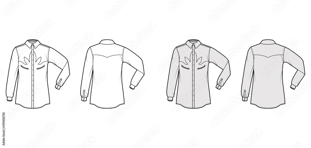 Shirt western technical fashion illustration with elbow fold long sleeves, reinforced pockets, relax fit, yokes, button-down, collar. Flat template front, back white grey color. Women men top mockup