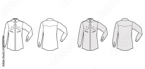 Shirt western technical fashion illustration with elbow fold long sleeves, reinforced pockets, relax fit, yokes, button-down, collar. Flat template front, back white grey color. Women men top mockup