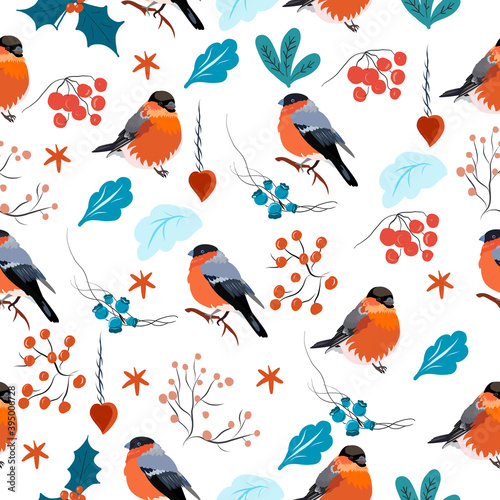 Seamless pattern with bullfinches and berry twigs