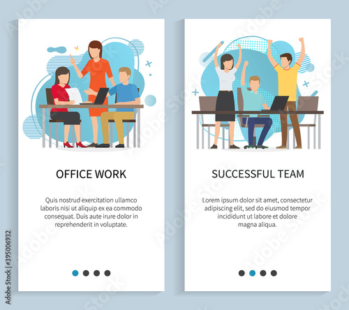 Successful team doing office work and planning strategy on laptop vector. Website or slider app, workers celebrate goal achievement and results, landing page flat style, manager gives directions