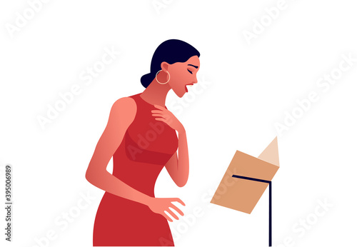 Elegant woman singing. Beautiful woman in red dress. Opera music. Vector illustartion. 
