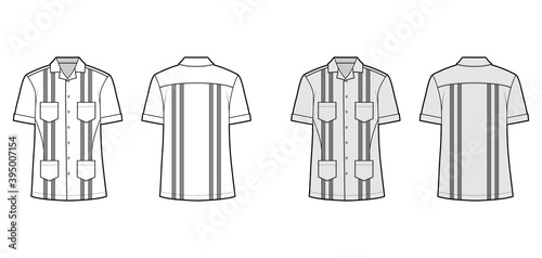 Shirt guayabera technical fashion illustration with short sleeves  pintucked  patch pockets  relax fit  yoke  button-down  open collar. Flat template front  back white grey color. Women men top CAD