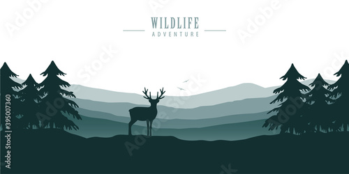 wildlife deer in forest with mountain view blue nature landscape vector illustration EPS10
