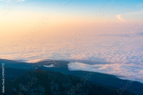 Mountains with Inversion at sunrise as seen From Krivan Peak in High Tatras  Slovakia