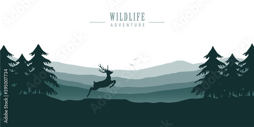 wildlife deer in forest with mountain view blue nature landscape vector illustration EPS10