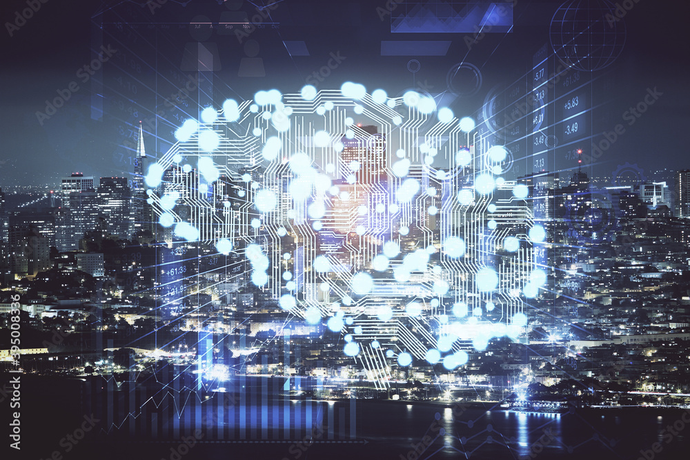 Fototapeta premium Brain hologram drawing on city scape background Double exposure. Brainstorming concept.