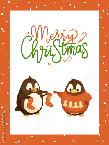 Merry Christmas card, penguin in knitwear with coffee cup. Arctic birds in sweater and socks, energetic drinks. Xmas holiday celebration, animals vector