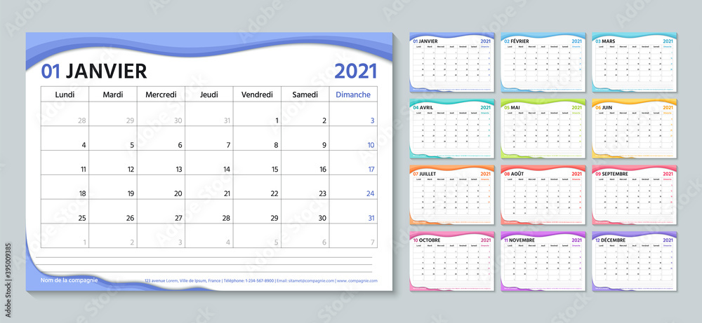 French 2021 planner. Calendar template. Week starts Monday. Vector. Calender layout with 12 month. Table schedule grid. Yearly stationery organizer. Horizontal monthly diary. Simple illustration French 2021 planner. Calendar template. Week starts Monday. Vector. Calender layout with 12 month. Table schedule grid. Yearly stationery organizer. Horizontal monthly diary. Simple illustration