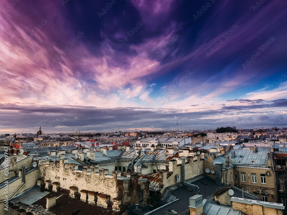 Saint-Petersburg, Russia. Cityscape panorama of old city centre, view from a rooftop. Sunset