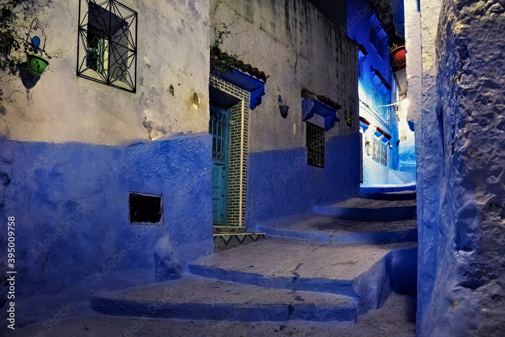 Night view in medina of Chefchaouen, Morocco. The city is noted for its buildings in shades of blue and that makes Chefchaouen very attractive to visitors. Night view in medina of Chefchaouen, Morocco. The city is noted for its buildings in shades of blue and that makes Chefchaouen very attractive to visitors.
