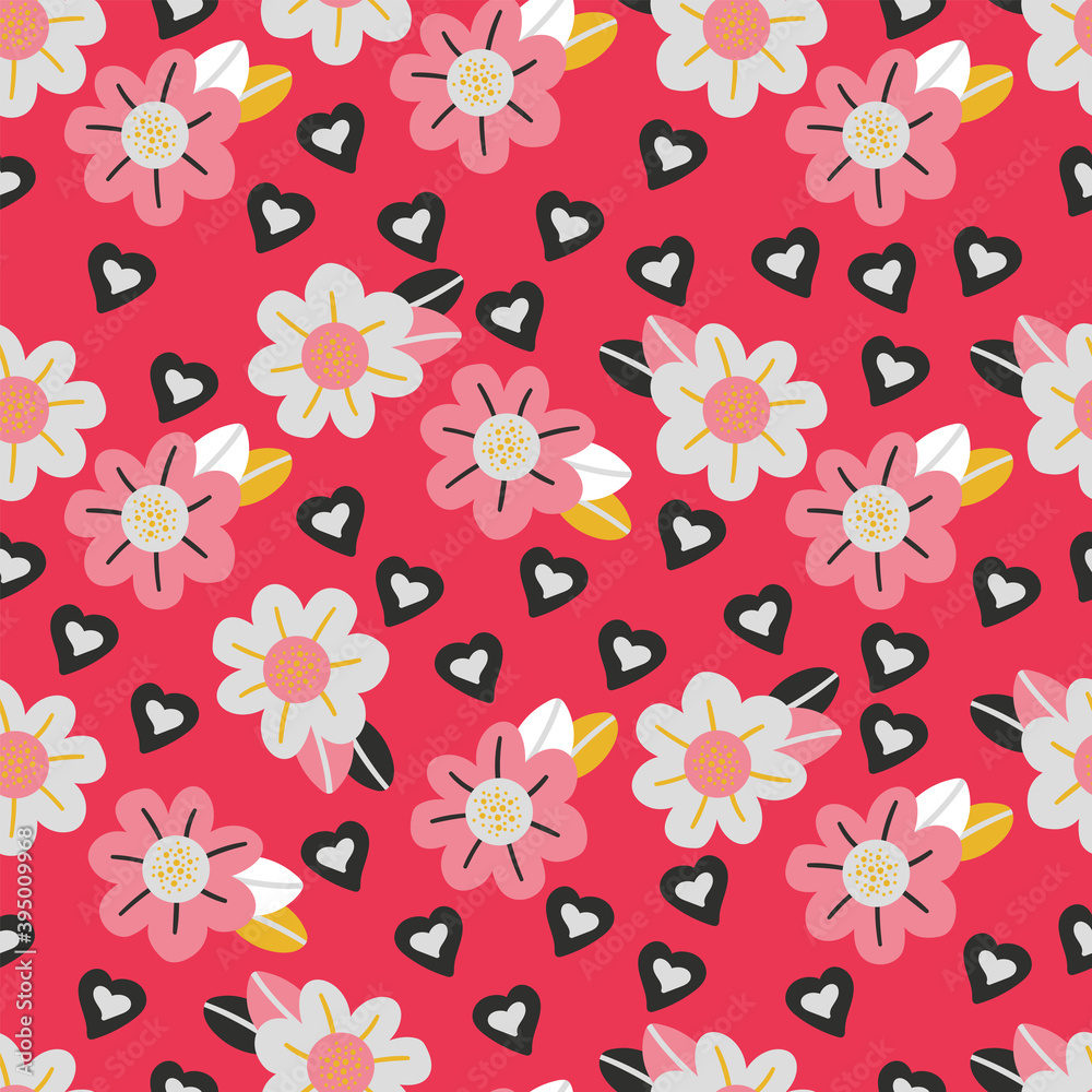 Obraz premium Seamless pattern with flowers and hearts. Bright pink background. Vector illustration.
