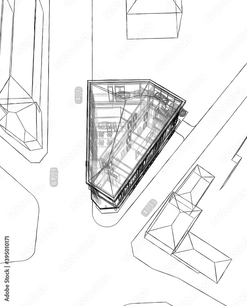 Aerial view 3D illustration of a small office building in corner spot. Wire frame drawing style allows the interior to be seen. Aerial view 3D illustration of a small office building in corner spot. Wire frame drawing style allows the interior to be seen.