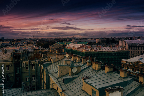 Saint-Petersburg, Russia. Cityscape panorama of old city centre, view from a rooftop. Sunset
