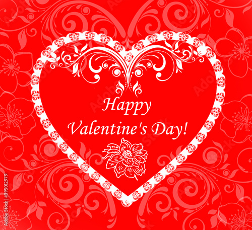 Postcard on a red background with hearts and ornaments.  Happy Valentine s Day  