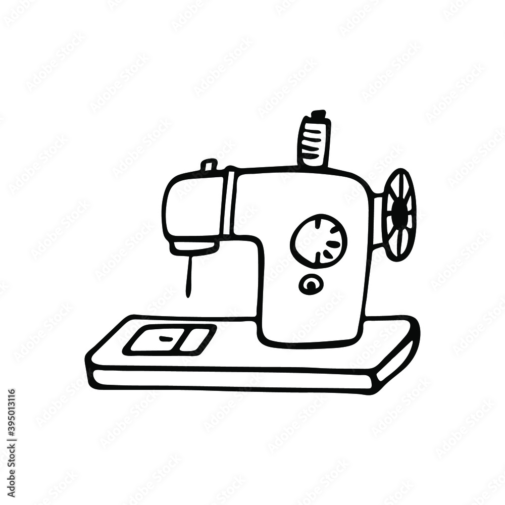 Fototapeta premium Hand-drawn vector sewing machine isolated on white background. Doodle vector illustration.