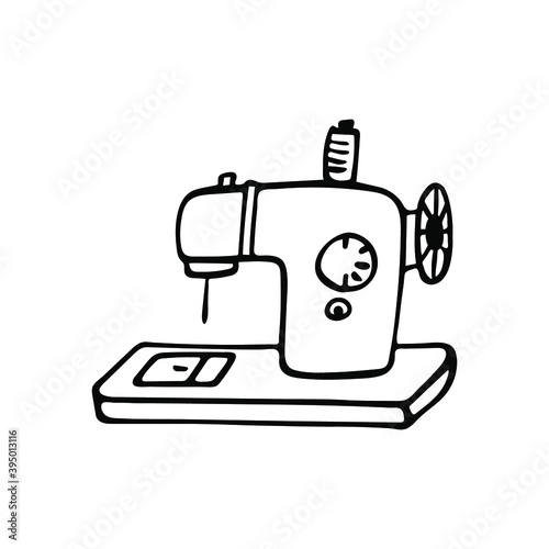 Hand-drawn vector sewing machine isolated on white background. Doodle vector illustration.
