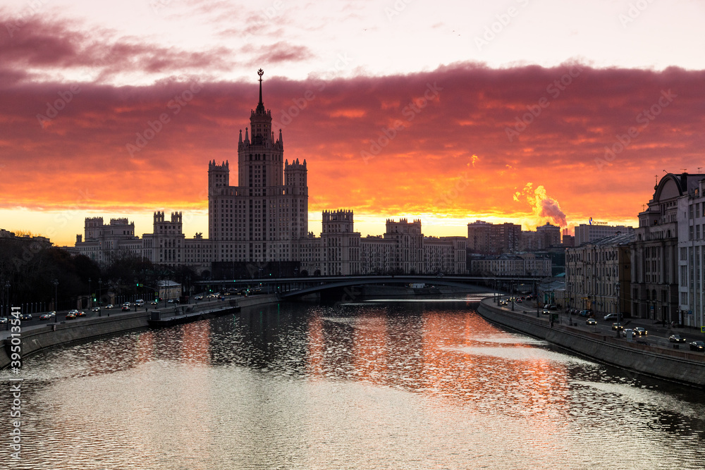 Zaryadye Park, Kotelnicheskaya Embankment Building skyscraper  and Moscow city center panorama. City sunrise landscape with sunlight and beautiful sky on the Moscow River, Russia 