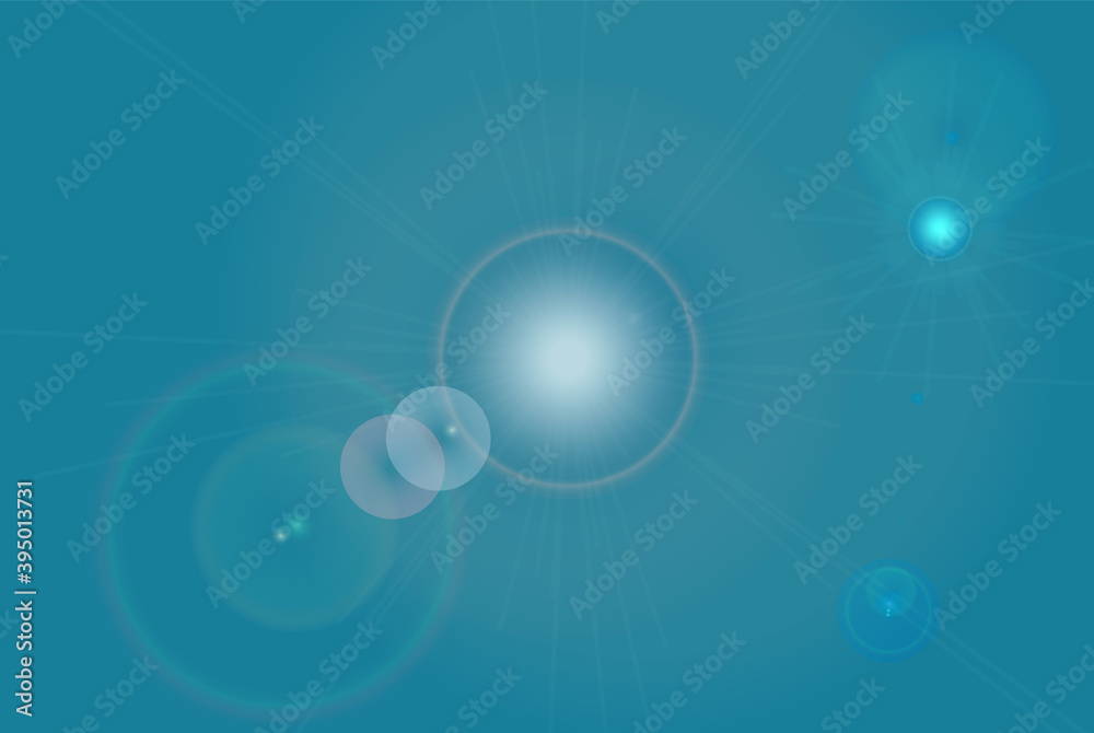 Sun light glare at background of blue clear sky, flecks of sunlight, bright shining sun, sunny day without clouds, bokeh effect, poster or banner, up to sky, splash of sun, cartoon illustration