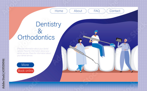 Dental website template, blank template with teeth as a landing page mockup, flat vector stock illustration with orthodontists or doctors