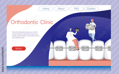Dental website template, blank template with teeth as a landing page mockup, flat vector stock illustration with orthodontists and braces system